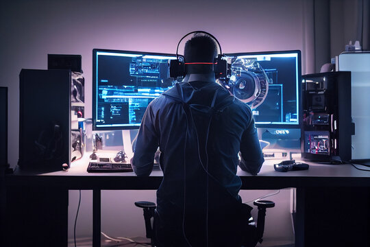 software developer programmer hacker coding scripts for cybersecurity company, programming and working from home late at night generative AI.