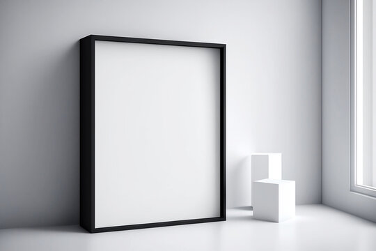 A minimalist interior with a mockup frame leaning against the wall by the window. Free copy space to display advertising or art, artwork, Close up of black frame with white canvas. Generative AI.