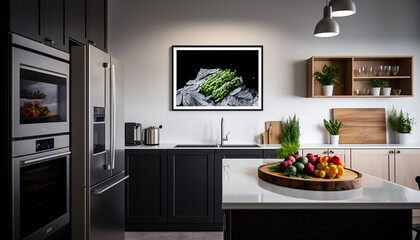 Modern kitchen illustration with mockup frame. Free blank copy space for advertisement. Kitchen island, artificial and natural light. Empty canvas for presentation, wall decor promotion. Generative AI