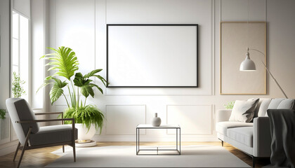 Fototapeta na wymiar Illustration of modern living room in a minimalist style. Above the gray sofa is a mockup frame with copy space for your product presentation or wall art decoration. Subdued gray colors. Generative AI