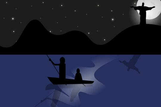 Nighty brazilian landscape with fisherman on a boat and silhouette of jesus christ on the hill. Night on the beach. Art picture with symbol of rio.