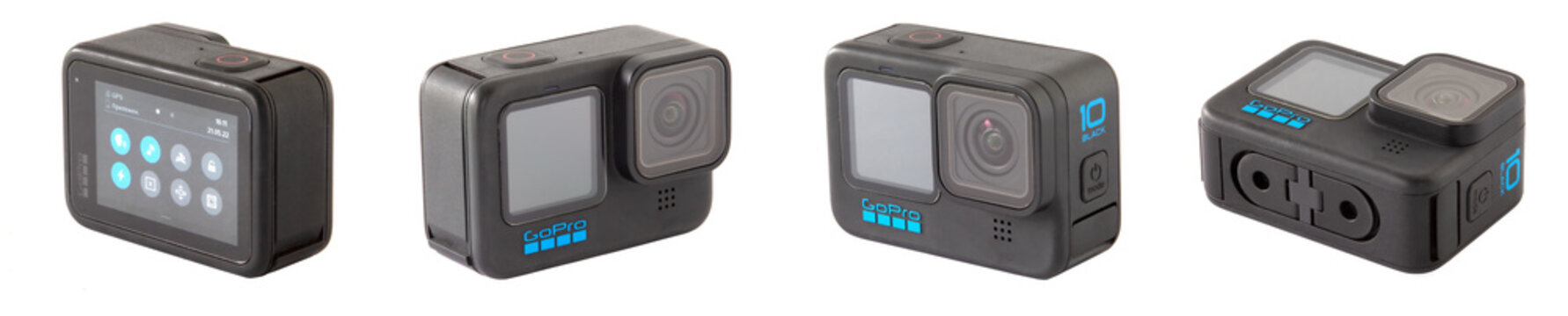 GoPro Hero 10. The Ultimate Action Camera for Sports and Adventure Photography.  Set of 4 Isolated Photos on White Background from Different Angles.