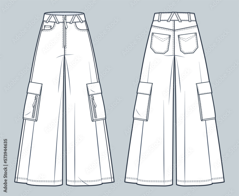 Wall mural Baggy Jeans Pants technical fashion illustration. Wide Pants fashion flat technical drawing template, high waist, pockets, front and back view, white, women, men, unisex CAD mockup.