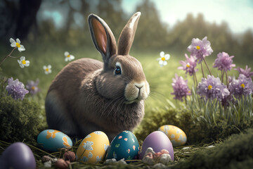 Fototapeta na wymiar Easter bunny with colored eggs holiday, sunset sunshine, happy Easter. Generative AI.
