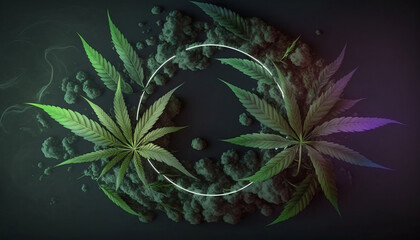 Cannabis and Glowing Neon Frame for Circular Logo generative ai illustration