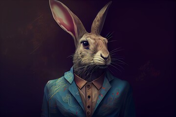 Obraz na płótnie Canvas Surreal Mammalian Hybrids creature. half man. half rabbit in mythologie wearing a shirt and jacket easter bunny. illustration. Generative AI