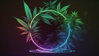 Cannabis and Glowing Neon Frame for Graphic Design and Branding Circular Logo generative ai illustration - obrazy, fototapety, plakaty