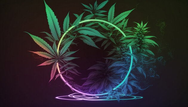 Cannabis and Glowing Neon Frame for Graphic Design and Branding Circular Logo generative ai illustration