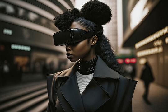 Generative AI illustration of stylish black woman standing on street in VR glasses