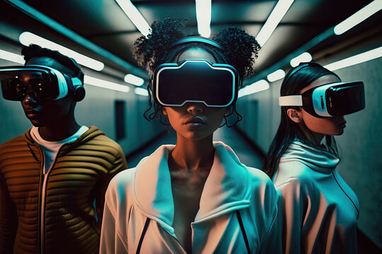 AI generated image of black trendy millennials watching video in VR headsets
