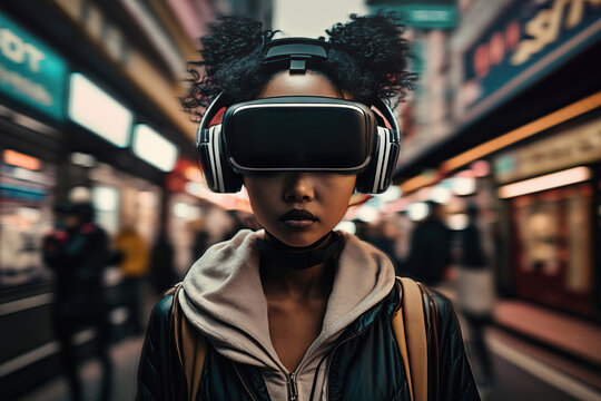 AI cool young ethnic lady watching video in modern VR headset on street