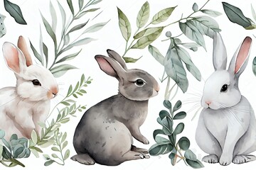 Watercolor seamless pattern with cute white rabbits and leaves. Wild animals. eucalyptus. flowers. Handdrawn adorable hare. branch. plants. Springtime background. Generative AI