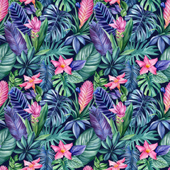 Fototapeta na wymiar Tropical Leaves, watercolor Illustration. Trend jungle seamless pattern, floral background. Modern art