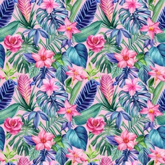  Tropical Leaves, watercolor Illustration. Trend jungle seamless pattern, floral background. Modern art © Hanna