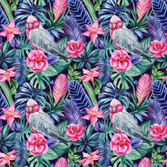 Tropical palm leaves, jungle seamless pattern. Palm tree and cockatoo parrot. Beautiful floral, summer tropical flowers © Hanna