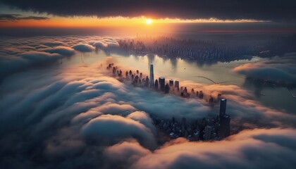 New York City at sunrise, aerial view. Generative ai illustration - obrazy, fototapety, plakaty
