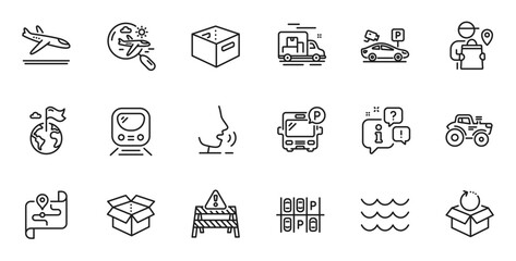 Outline set of Bus parking, Map and Return package line icons for web application. Talk, information, delivery truck outline icon. Include Metro, Parking place, Open box icons. Vector