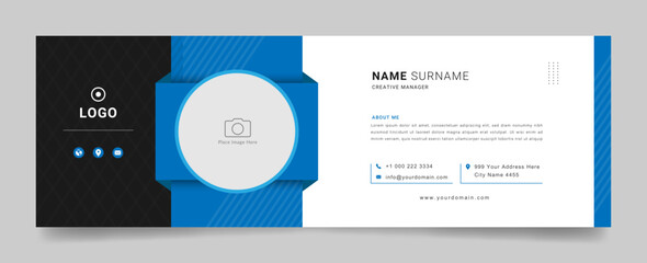 Business email signature with an author photo place modern and stylish layout with white black background, blue shape and text design