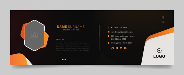 Business email signature template with an author photo place modern and stylish layout black background, orange shape and text design