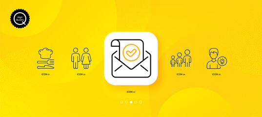 Fototapeta na wymiar Business hierarchy, Confirmed mail and Person idea minimal line icons. Yellow abstract background. Food, Restroom icons. For web, application, printing. Vector