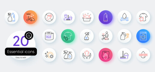 Simple set of Clean dishes, Hand washing and Dont touch line icons. Include Wash t-shirt, Cleaning service, Dirty t-shirt icons. Vacuum cleaner, Water splash, Washing cloth web elements. Vector