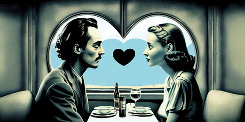 Man and woman in love sitting at a table in a restaurant or diner.  generative ai