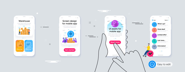 Outline set of Calendar, Private payment and Map line icons for web application. Phone ui interface. Include Music making, Chat, Shield icons. Vector