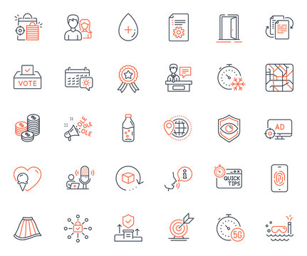 Business icons set. Included icon as Seo adblock, Security agency and Ice cream web elements. Vote box, Seo shopping, Metro map icons. Technical documentation, Eye detect. Vector