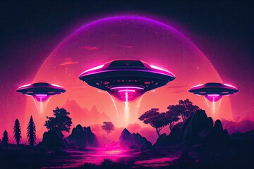 A scene where three futuristic retro UFOs are landing on the surface, with a large bright gradient background.  Generative AI.