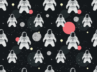 Astronaut seamless pattern in abstract space design with planet and stars behind