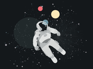 Astronaut floating in abstract space with planet and stars behind