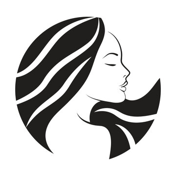 Woman with long black hair icon design. Vector icon emblem for beauty industry. Circle icon.