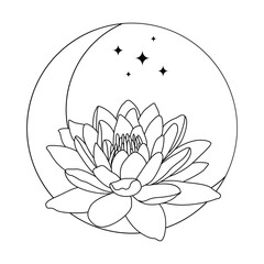 Crescent and lotus icon design. Luxury bohemian icon. An astrology mystic moon and lotus icon.