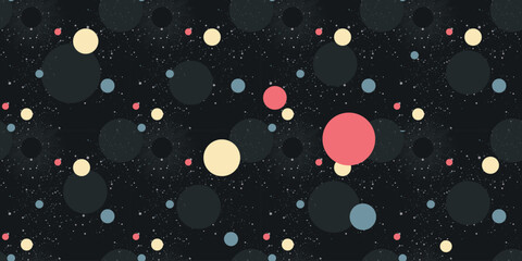 Abstract dark Cosmos seamless pattern with planet and glowing stars behind