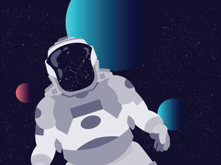 Astronaut floating in abstract space with planet and stars behind