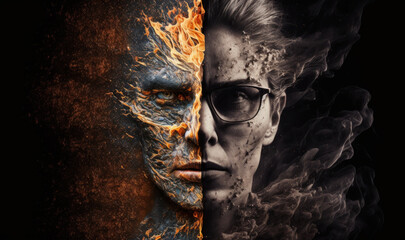 Dual Concept Portrait of a Woman, Half in Fiery Orange Textures and Half in Ashy Grey, Representing the Contrast of Passion and Calm - obrazy, fototapety, plakaty
