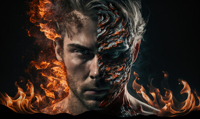 Intense Young Man with Half of His Face Engulfed in Vivid Flames, a Dramatic Representation of Fury and Passion Igniting Within - obrazy, fototapety, plakaty