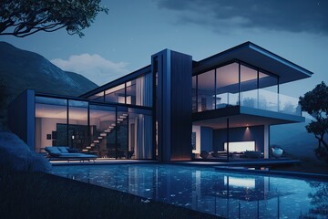 Architecture render, a beautiful ultramodern hillside bungalow, mostly window, open to the outside, pool, shiny slick surfaces. Generative AI.
