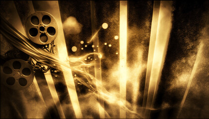 Golden background wallpaper with hollywood movie theme and film pojector. Oscars ceremony celebration. Generative AI