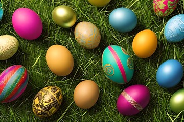 Fototapeta na wymiar easter eggs on grass. illustration. Generative AI