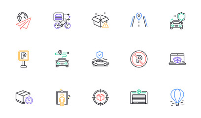 Online delivery, Food delivery and Journey line icons for website, printing. Collection of Air balloon, No parking, Road icons. Transport insurance, Paper plane, Parking garage web elements. Vector