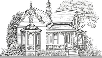 Fototapeta premium a cute coloring book for children that is still black and white, but waiting for colors and then it will become a wonderful colorful house