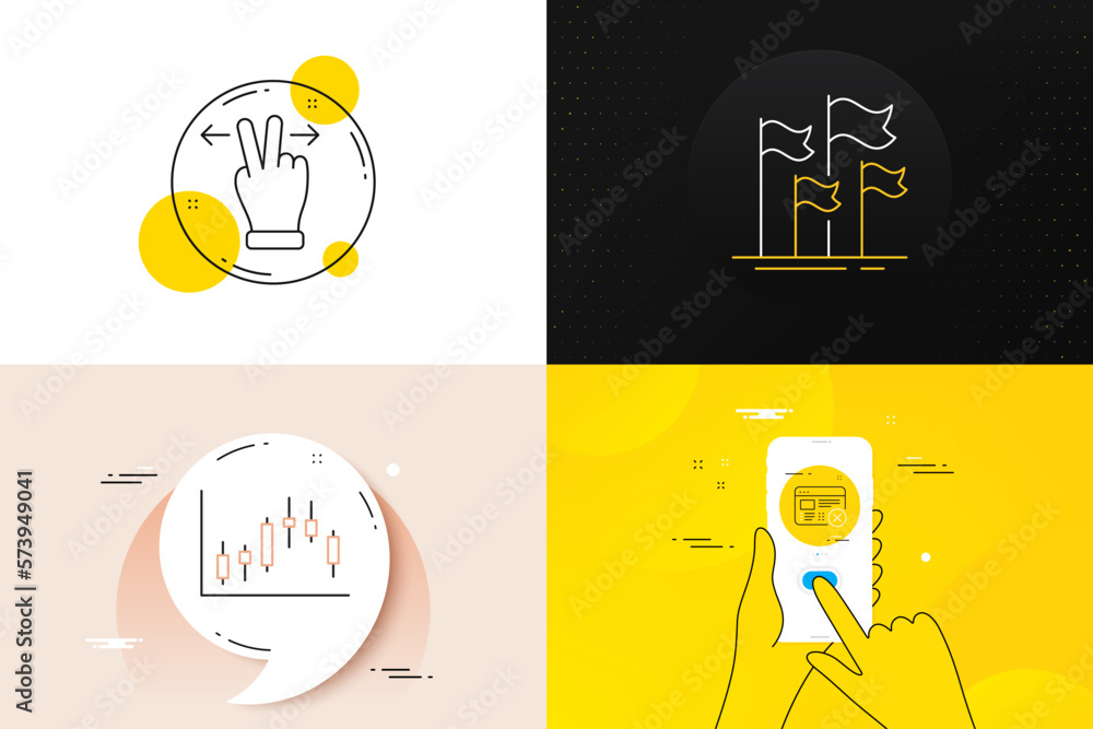 Poster minimal set of reject web, candlestick graph and flags line icons. phone screen, quote banners. touc