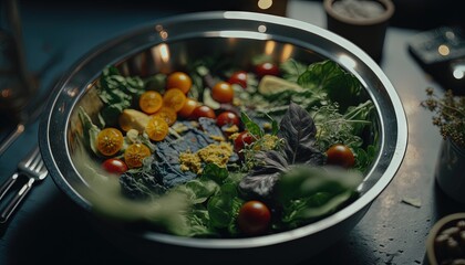  a bowl filled with lots of different types of vegetables on top of a table.  generative ai