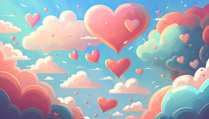 Watercolor hand painted background. Clouds and hearts in vivid colors. Creative background or wallpapers. Wedding, St. Valentine's day or kids concept. Generative AI