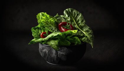  a black bowl filled with lettuce and red peppers.  generative ai