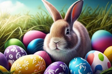 Easter bunny with colorful eggs in green grass
