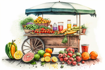 Illustration of food stall on a farmers market. Generative AI. - obrazy, fototapety, plakaty