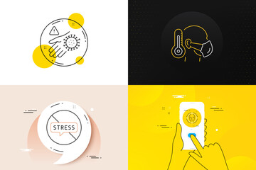 Minimal set of Sick man, Face detect and Stop stress line icons. Phone screen, Quote banners. Wash hand icons. For web development. Epidemic protection, Select target, Mental anxiety. Vector