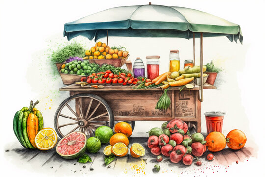 Illustration of food stall on a farmers market. Generative AI.